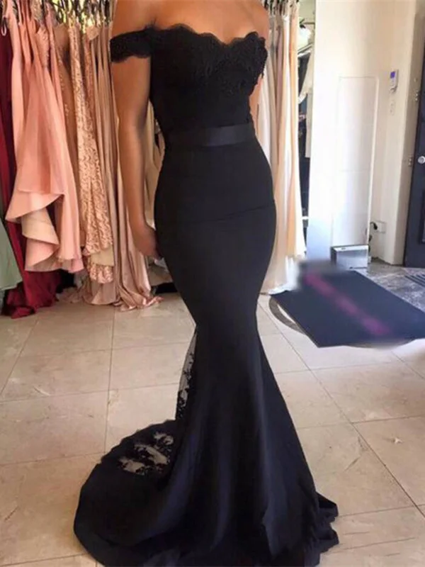 Daily Deals printed dressprinted dressOff Shoulder Black Lace Mermaid Prom Dresses, Black Lace Mermaid Bridesmaid Dresses
