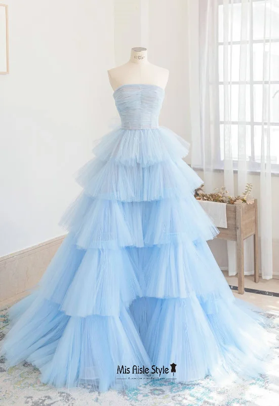 romantic dressLong Ruffle Skirt Blue Prom Dress