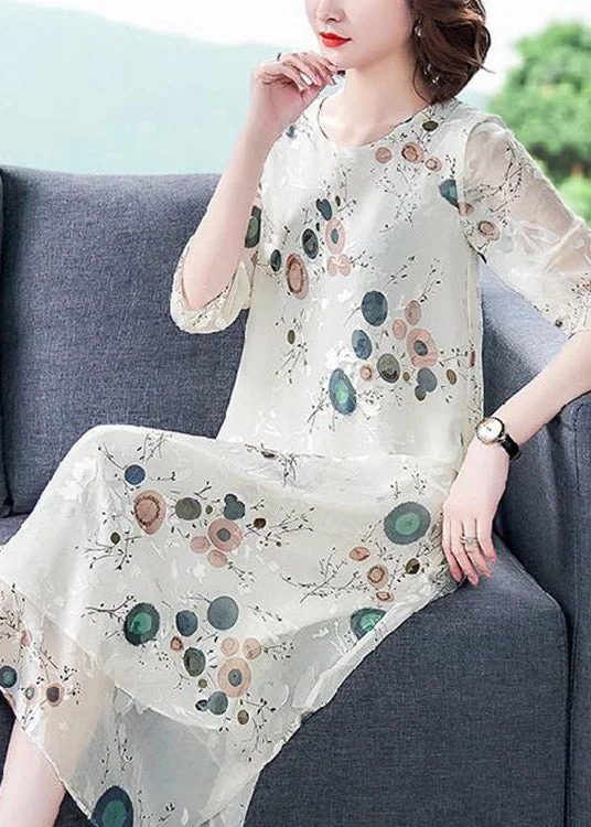 casual evening dressLoose White O-Neck Print Silk Holiday Dress Half Sleeve