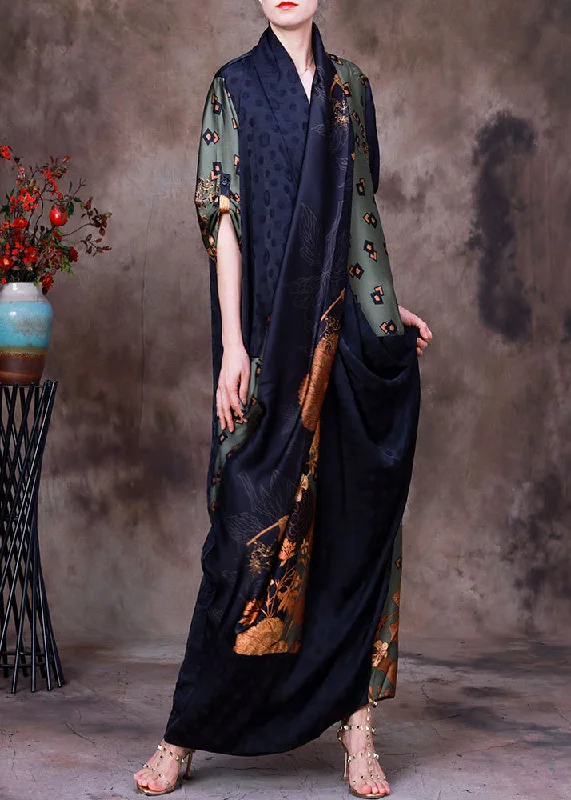 summer dressVogue Green V Neck Patchwork Print Silk Dresses Long Sleeve