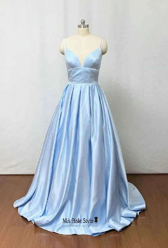Act Now backless dressbackless dressHigh Quality Soft Satin Light Blue Prom Dress