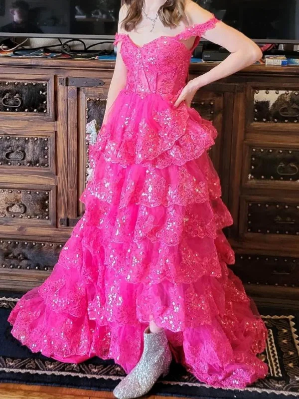 Deal Dash ruched dressruched dressOff Shoulder Layered Hot Pink Lace Long Prom Dresses, Hot Pink Lace Formal Dresses, Hot Pink Evening Dresses SP3085