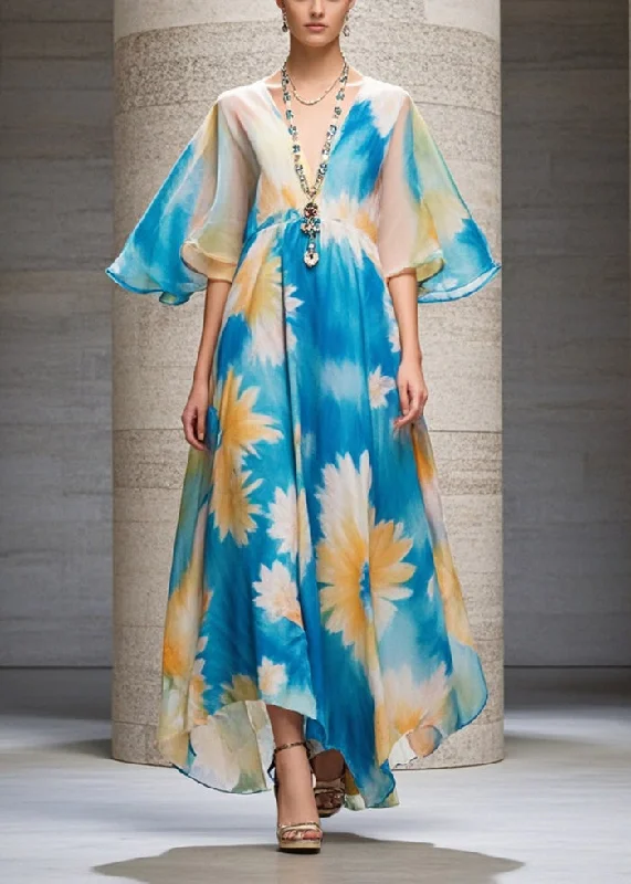 casual slip dressCasual Blue V Neck Print Chiffon Long Dress Summer