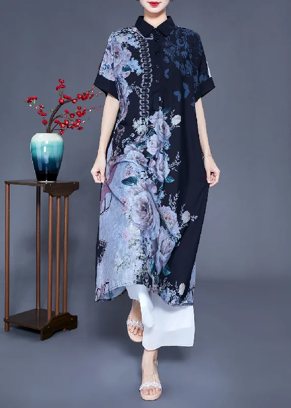 Epic Deals stylish dressstylish dressPlus Size Black Peter Pan Collar Print Draping Silk Shirt Dress Summer