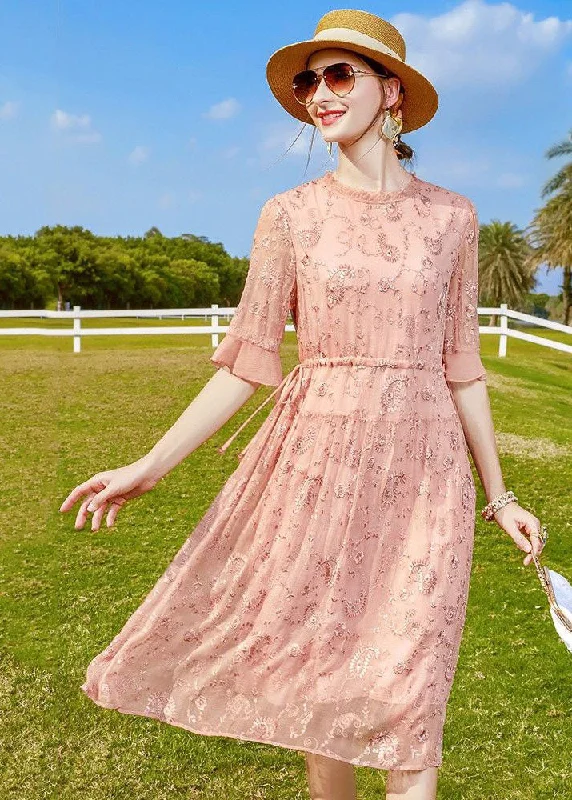 flowy evening dressWomen Pink Ruffled Embroideried Tie Waist Silk Cinch Dress Half Sleeve