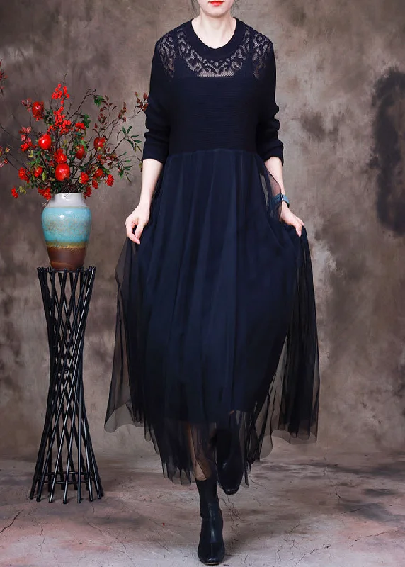 off-shoulder dressBlack O-Neck Hollow Out Knit Dress Long Sleeve