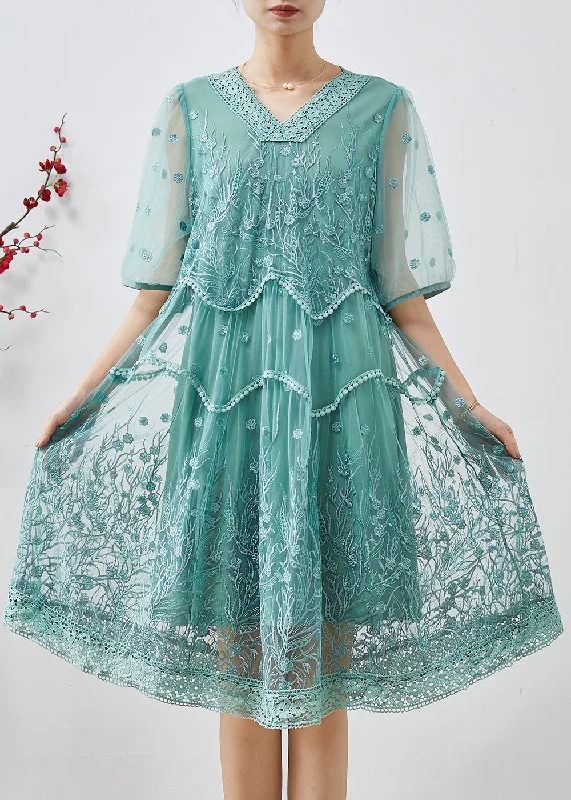 denim dressGreen Tulle Dress V Neck Embroidered Summer