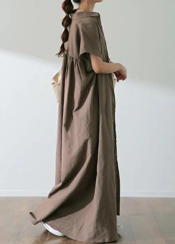 Limited Availability knit dressknit dressSolid Button Lapel Ruched Short Sleeve Maxi Shirt Dress Coffee