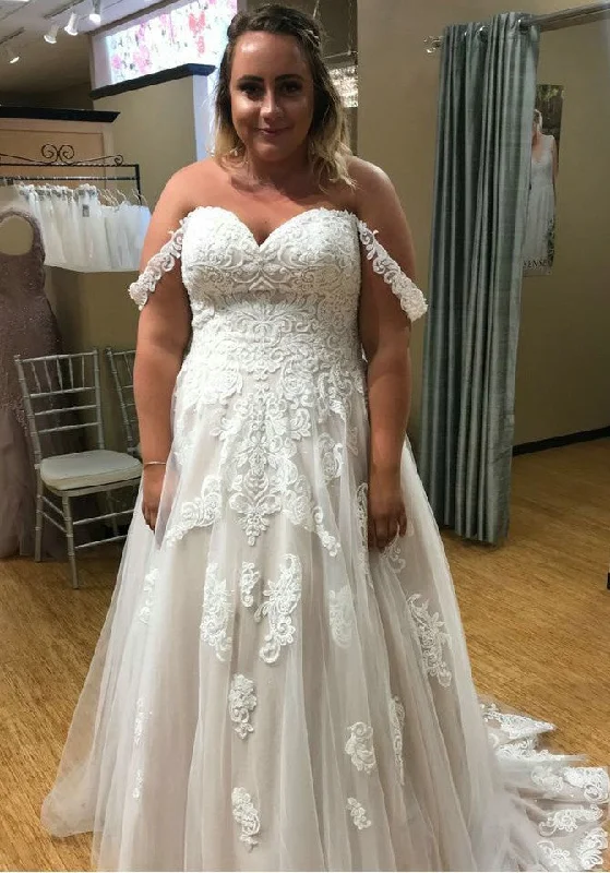 Blowout Sale printed dressprinted dressOff Shoulder Sleeves Plus Size Blush Wedding Dress