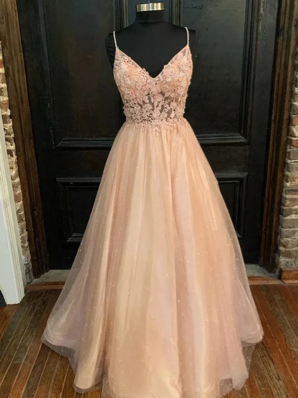 Low Prices party-ready dressparty-ready dressShiny A Line V Neck Pink Floral Long Prom Dresses, Pink Lace Formal Dresses, Pink Evening Dresses SP2890