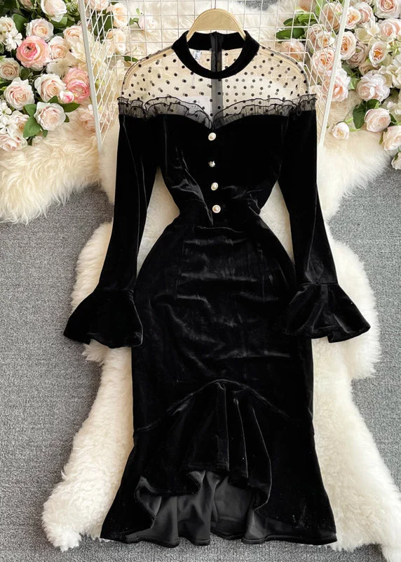 Closeout Sale velvet dressvelvet dressSexy Black O-Neck Tulle Patchwork Tunic Button Velour Maxi Dresses Long Sleeve