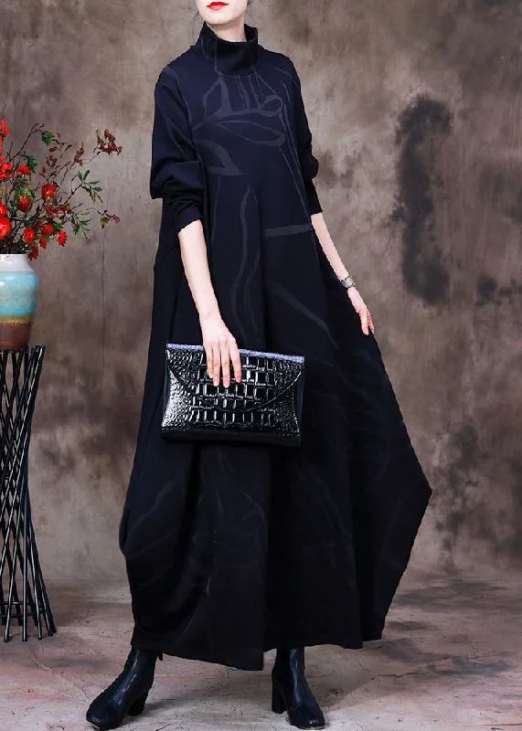 playful dressJacquard Black Turtleneck Asymmetrical Maxi Dresses Long Sleeve