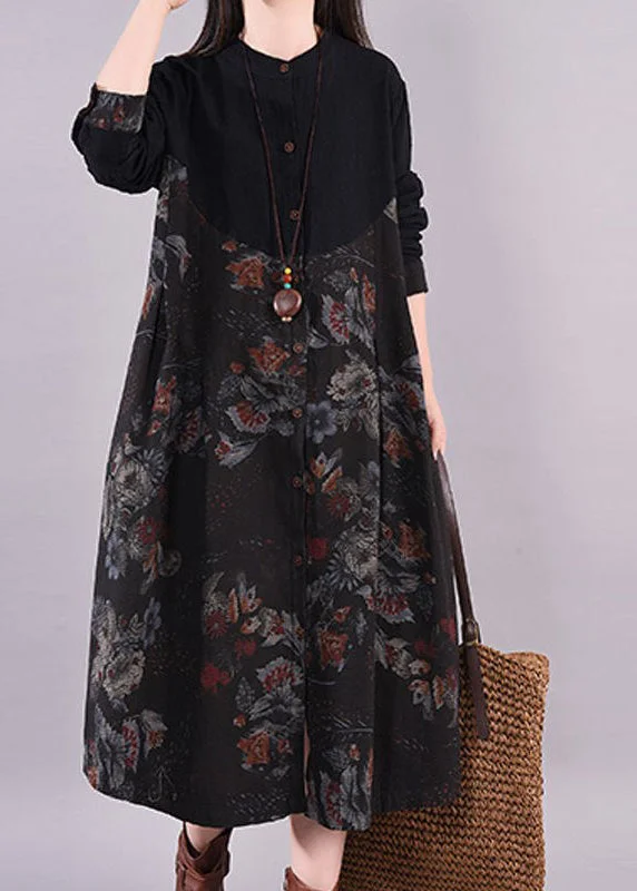 luxury dressHandmade Black O-Neck Print Patchwork Maxi Dress Long Sleeve