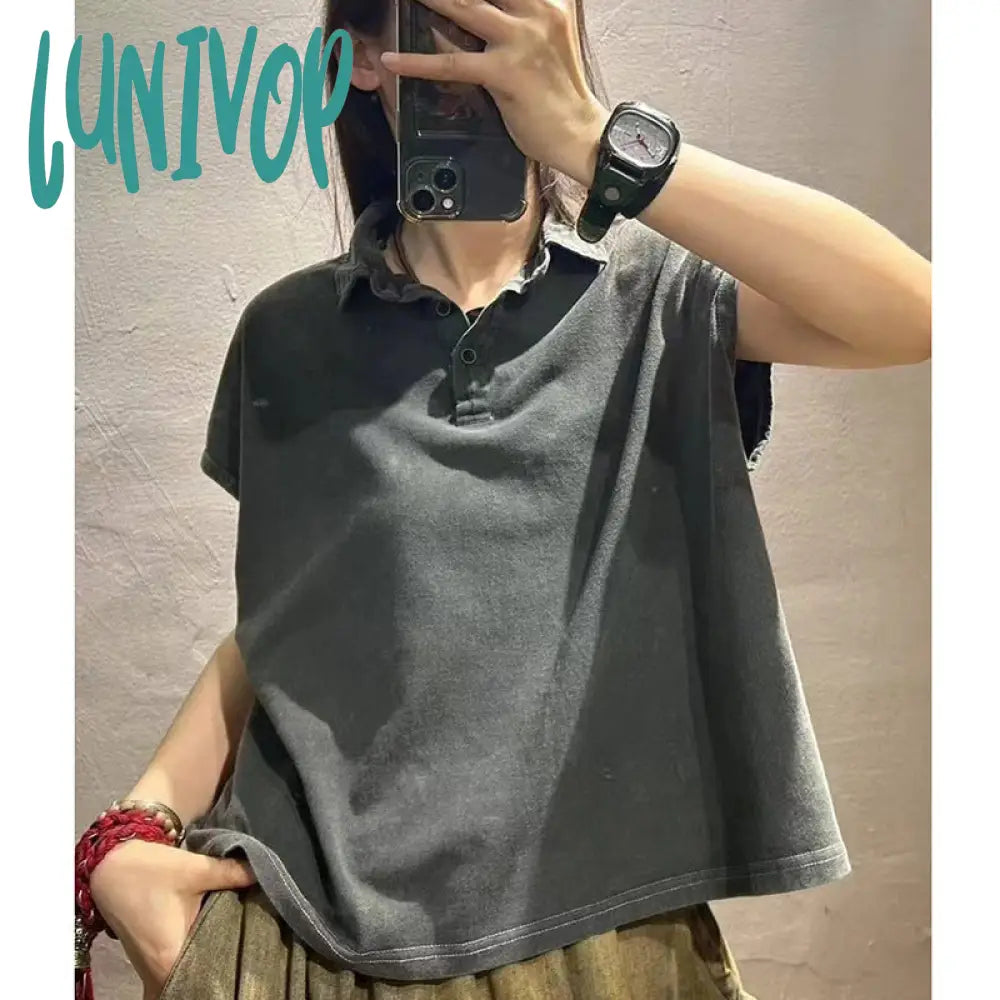Great Deals Lunivop outfit inspo 2024 Summer New Pure Color Simple Lapel Pullover Short-Sleeved T-shirt Women's Loose All-Match Casual Cotton Top