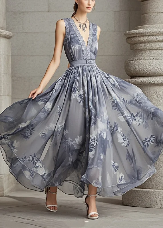 pleated maxi dressGrey Print Chiffon Long Dress Cinched Exra Large Hem Summer