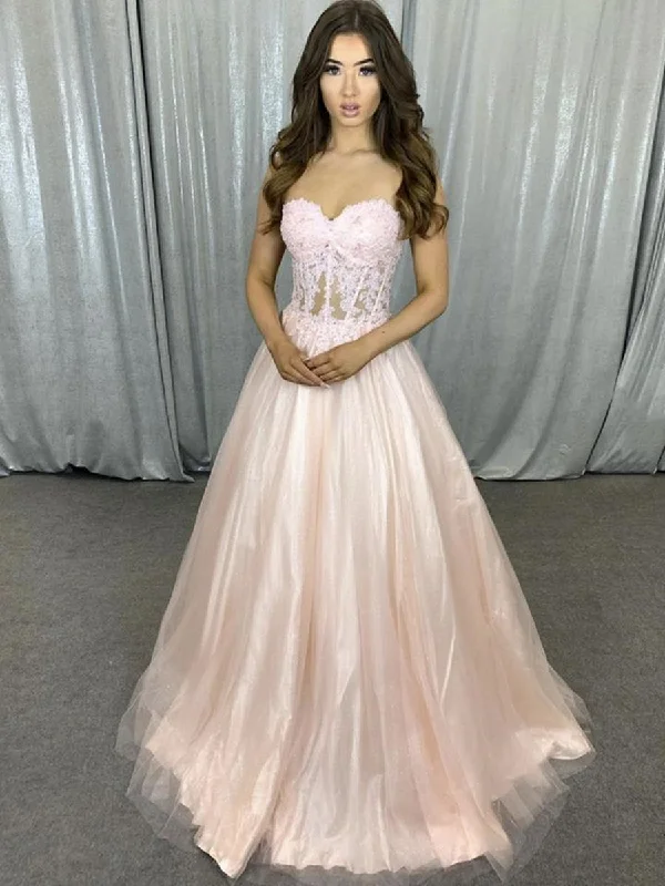 Markdowns sleek dresssleek dressSweetheart Neck Strapless Pink Lace Long Prom Dresses, Pink Lace Formal Dresses, Pink Evening Dresses