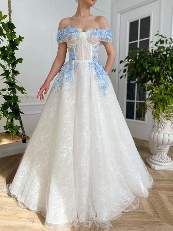 Year-End Sale chic shift dresschic shift dressOff Shoulder White Long Prom Dresses with Flowers, White Formal Evening Dresses SP2588