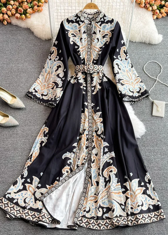 Extra Savings bohemian dressbohemian dressBlack Stand Collar Sashes Button Long Dresses Puff Sleeve
