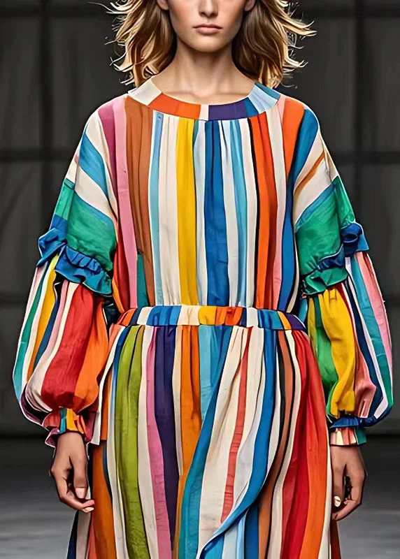 vintage dressWomen Rainbow Ruffled Striped Cotton Vacation Dresses