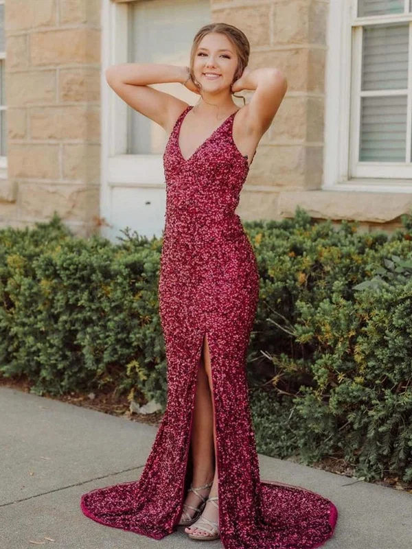Sale Event luxury dressluxury dressMermaid V Neck Burgundy Sequins Long Prom Dresses, Mermaid Burgundy Formal Dresses, Burgundy Evening Dresses SP2155