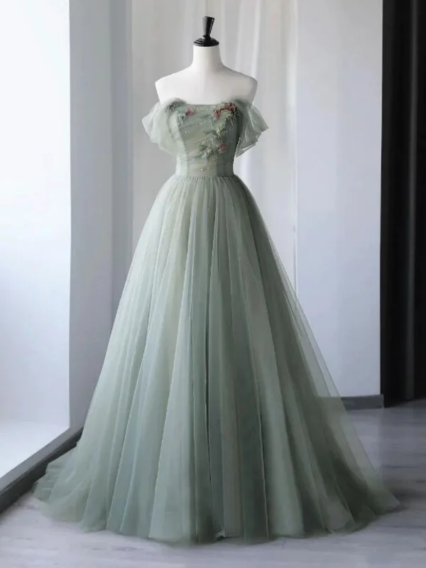 YEAR-End Sale romantic dressromantic dressOff Shoulder Green Tulle Floral Long Prom Dresses, Off the Shoulder Formal Dresses, Green Evening Dresses with 3D Flowers SP2671