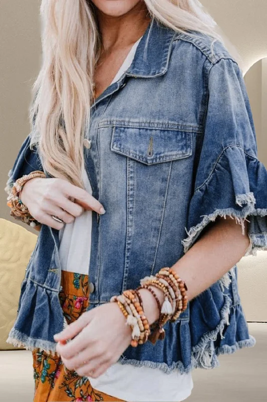 Super Deal Ruffled Raw Hem Half Sleeve Denim Top