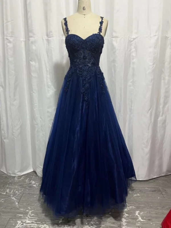 Final Sale layered dresslayered dressSweetheart Neck Navy Blue Lace Long Prom Dresses, Navy Blue Lace Formal Graduation Evening Dresses SP2624