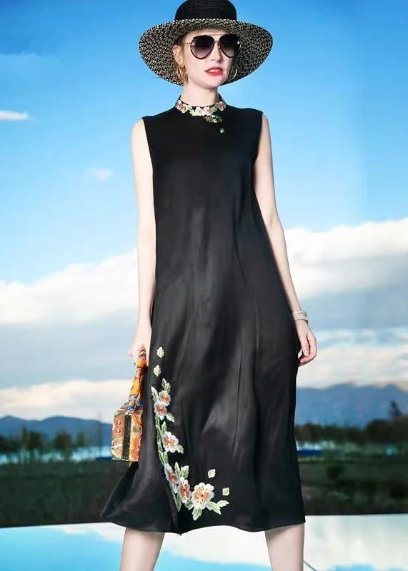 Now or Never pleated dresspleated dressFine Black Embroideried Patchwork Silk Dresses Sleeveless