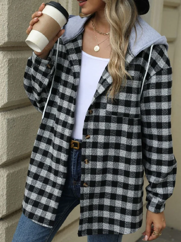 Great Deals Drawstring Plaid Long Sleeve Hooded Jacket