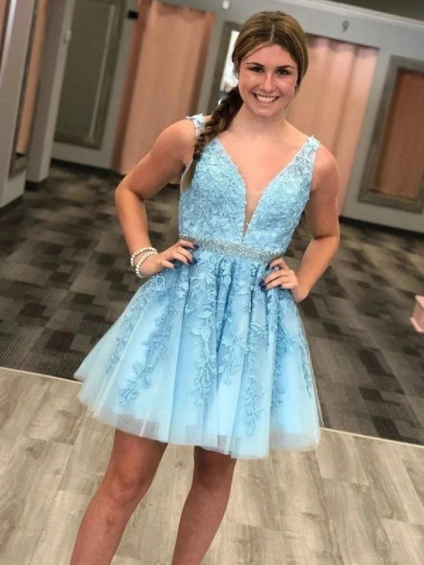 Daily Deals casual dresscasual dressGorgeous V Neck Light Blue Lace Short Prom Dresses with Belt, Light Blue Lace Formal Graduation Homecoming Dresses