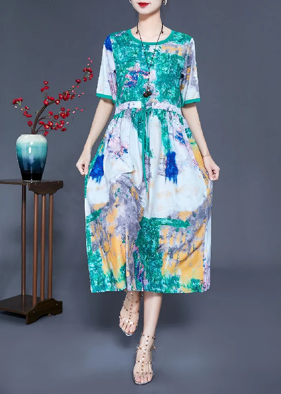 Time-Limited Offer knit dressknit dressBohemian Green Cinched Tie Dye Silk Dress Summer