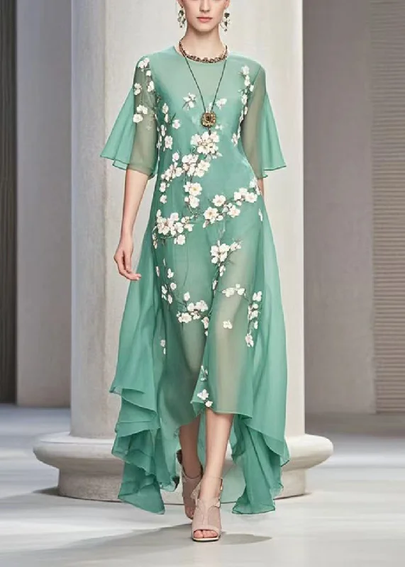 casual summer dressBoutique Green Asymmetrical Print Chiffon Maxi Dress Summer