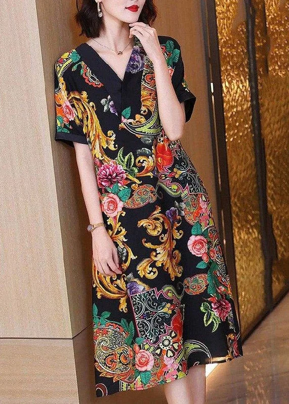 playful dressElegant V Neck Print Silk Party Dress Short Sleeve