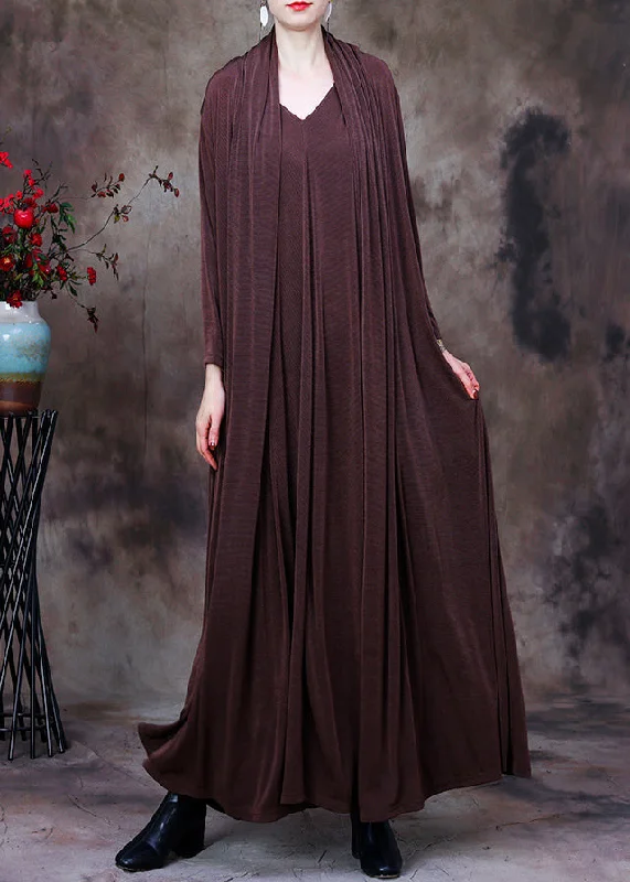 wool dressLoose Brown V Neck Fake Two Pieces Silk Long Dresses Long Sleeve