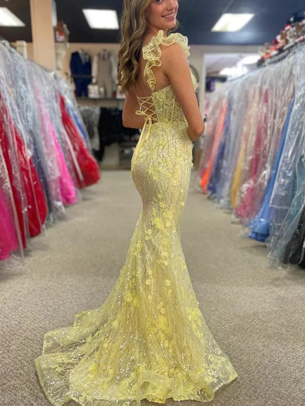 Doorbuster Deal cocktail party dresscocktail party dressOpen Back Mermaid Yellow Lace Floral Long Prom Dresses with Train, Mermaid Yellow Formal Dresses, Yellow Lace Evening Dresses SP2870