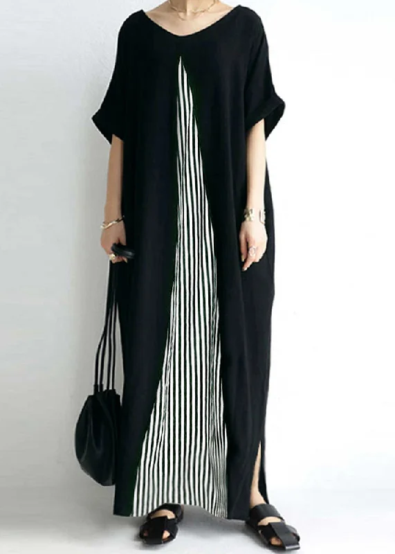 Overstock lace-up dresslace-up dressPocket Short Sleeve Splicing Striped Color Black Maxi Dress