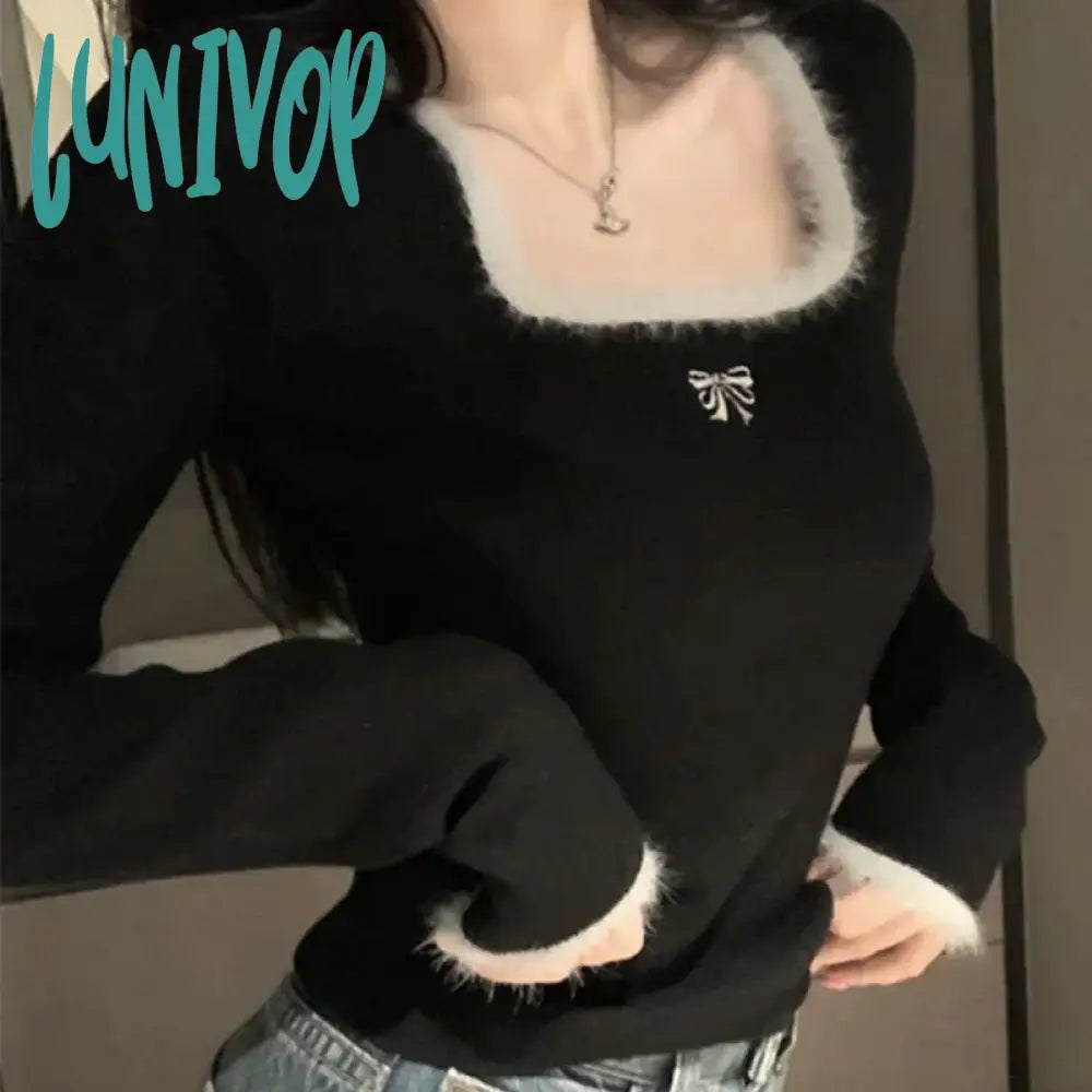 Value Deals Lunivop Y2K Cropped Knitted Pullovers Women Square Collar Patchwork Sweater Korean Elegant Slim Knitwear Casual Chic Jumpers Tops