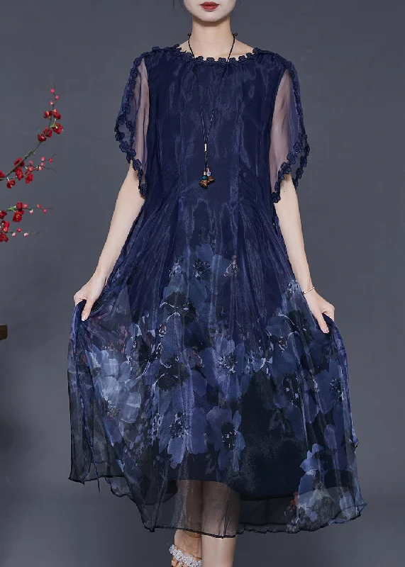 formal dressBoutique Peacock Blue Print Hollow Out Silk Dresses Summer