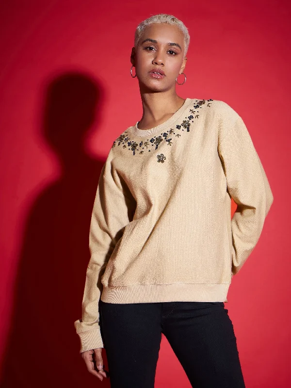 Price Drop athletic streetwear sweatshirtWomen Beige Terry Neck Embroidered Reverse Terry Sweatshirt Price Drop athletic streetwear sweatshirtWomen Beige Terry Neck Embroidered Reverse Terry Sweatshirt