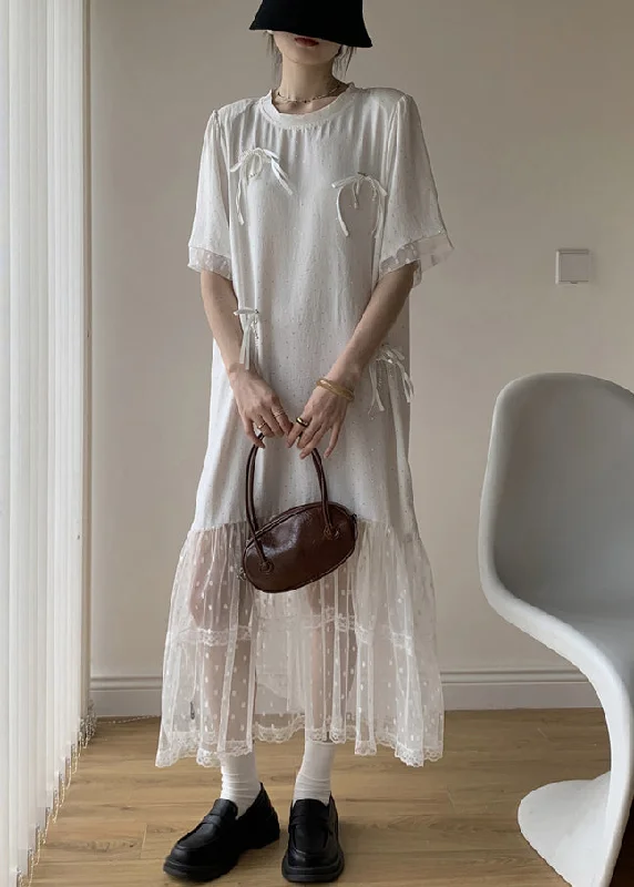 office dressWhite Bow Tulle Patchwork Cotton Summer Long Dress O Neck