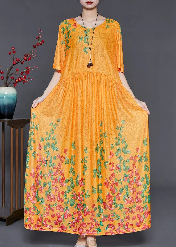 elegant shift dressDIY Yellow Print Exra Large Hem Silk Long Dress Summer