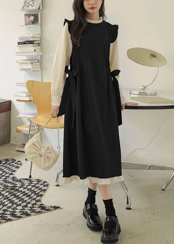 Early Access velvet dressvelvet dressBlack Patchwork Cotton Fake Two Piece Dresses Tie Waist Bow Spring
