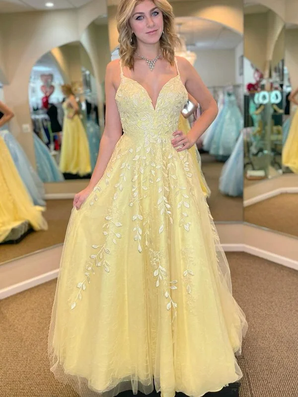 Closeout Sale structured dressstructured dressA Line V Neck Open Back Yellow Lace Tulle Long Prom Dresses with Appliques, Yellow Lace Formal Graduation Evening Dresses SP2340