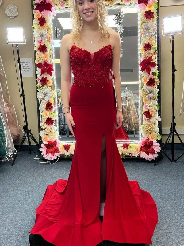 Super Deal flowy maxi dressflowy maxi dressStrapless Mermaid Red Lace Long Prom Dresses with High Slit, Mermaid Red Formal Dresses, Red Lace Evening Dresses SP2817