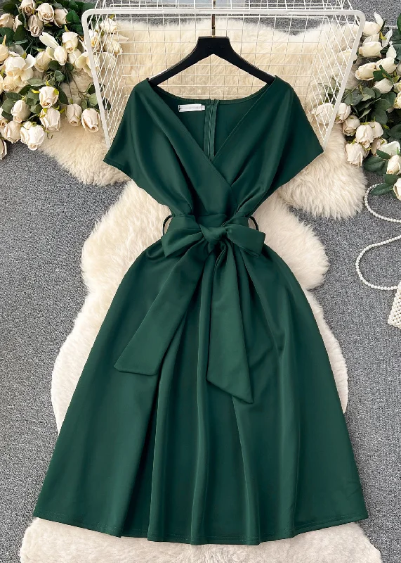 long-sleeve floral dressWomen Blackish Green V Neck Zippered Tie Waist Spandex Dresses Summer