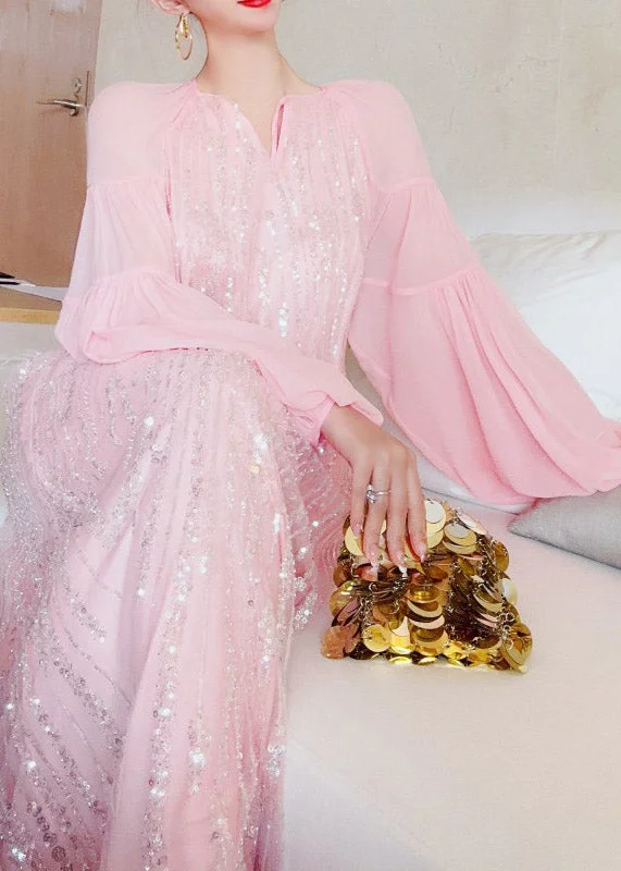 Can't Be Beat boho-chic dressboho-chic dressCute Pink V Neck Patchwork Sequins Silk Long Dress Lantern Sleeve