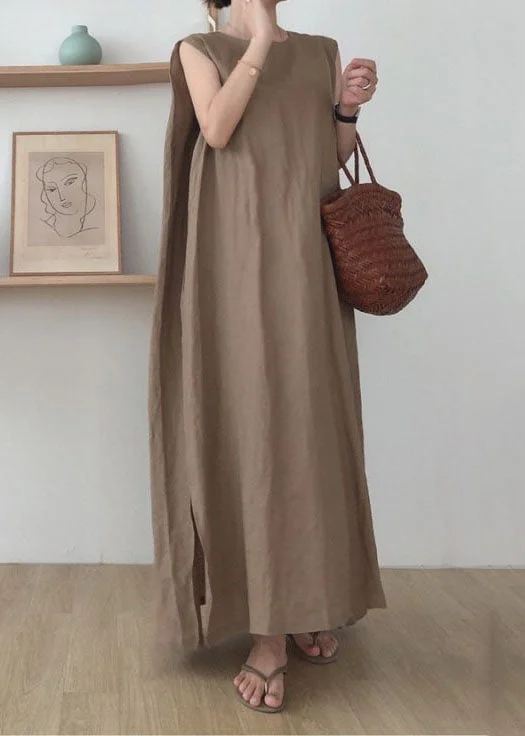 Discount Deals silk dresssilk dressSimple Coffee O Neck Patchwork Cotton Maxi Dress Sleeveless