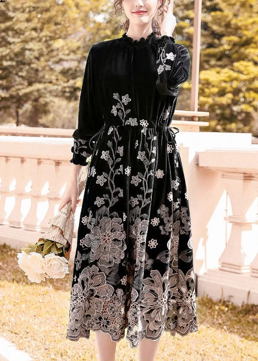 sleeveless dressFrench Black Stand Collar Embroideried Silk Velour Cinched Dresses Spring