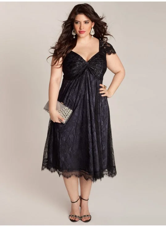 Fantastic Offers cocktail party dresscocktail party dressTea Length Cap Straps Black Lace Plus Size Evening Dress