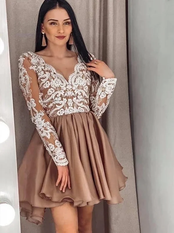 Final Markdown sophisticated dresssophisticated dressLong Sleeves V Neck Short Champagne Lace Prom Dresses, Champagne Lace Formal Graduation Homecoming Dresses